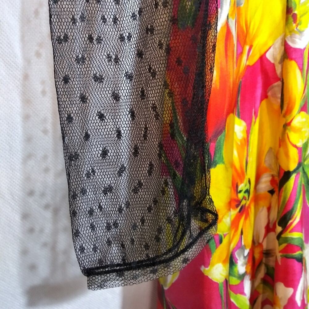 Blumarine Silk Floral Dress with Sheer Black Sleeves Luxury Feminine Size Small - Picture 3 of 11